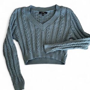 Love Tree Blue V-Neck Cropped Cable Knit Sweater